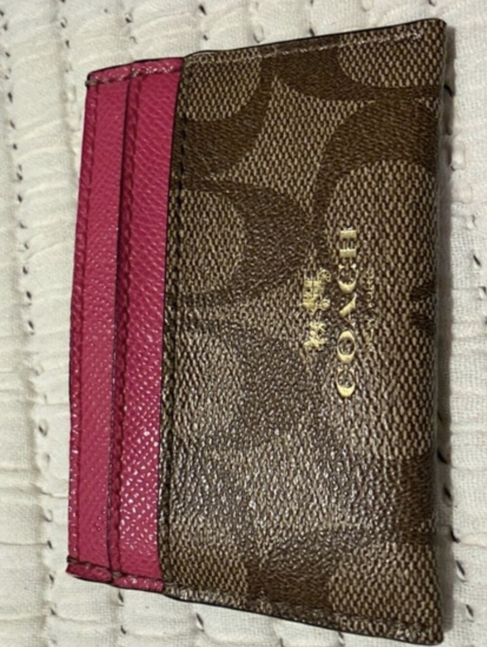 Coach Brown Signature Card Holder with Pink Trim